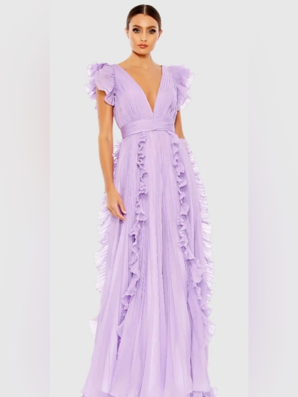 Mac Duggal Purple Pleated Ruffle Cap Sleeve Flowy A Line Gown size 14